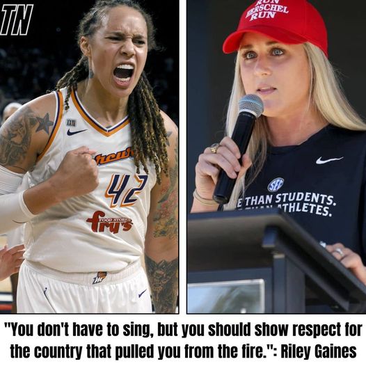 Riley Gaines slammed Brittney Griner for kneeling during the National Anthem, saying, “You don’t have to sing, but you should show respect for the country that pulled you from the fire.”